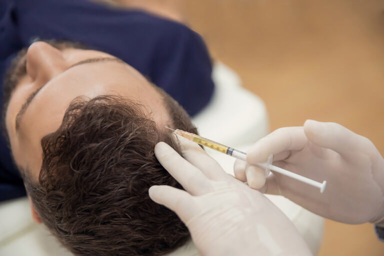 PRF hair treatment in progress for hair thinning at a Fayetteville, GA medical aesthetics clinic