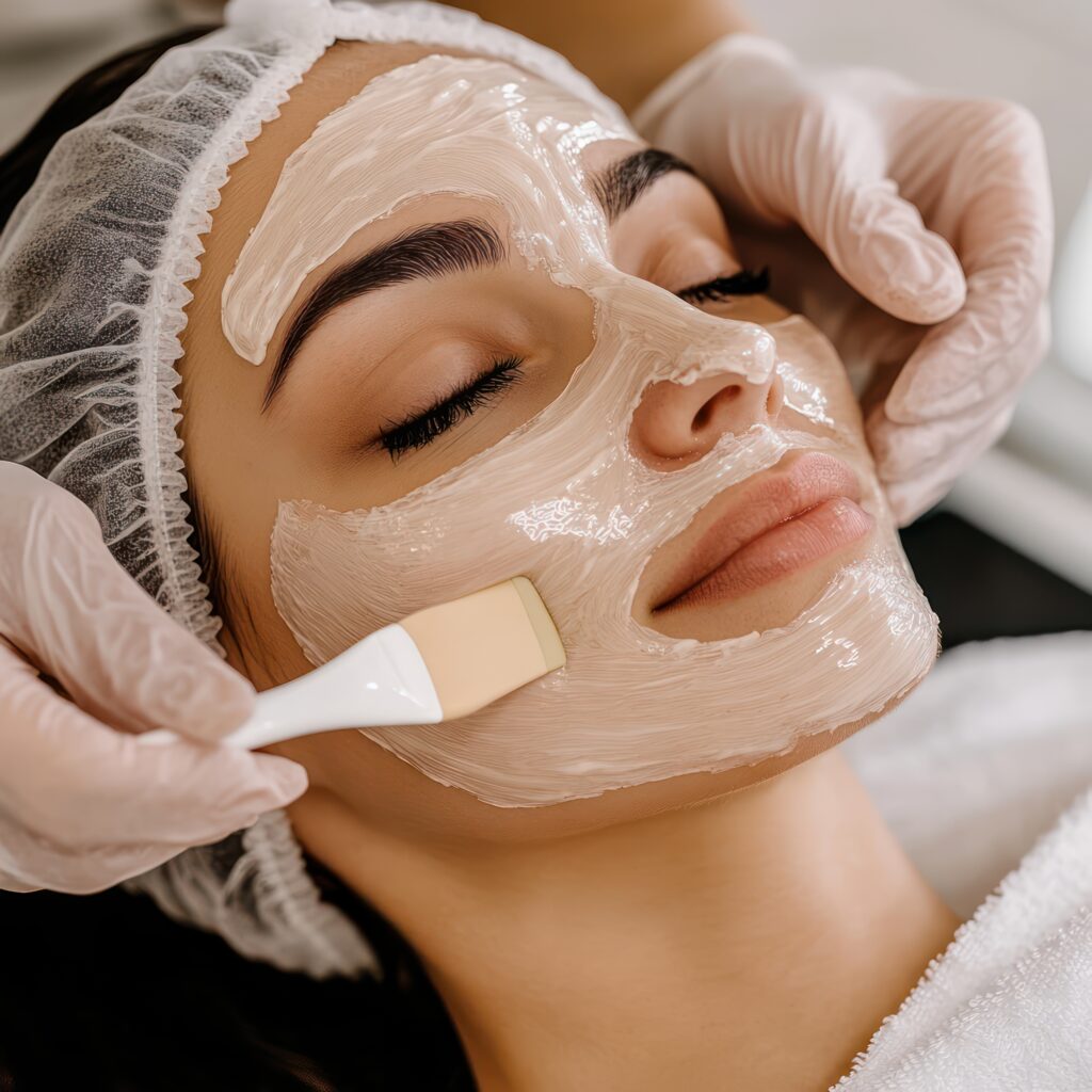 Client receiving a professional chemical peel at a Fayetteville skincare clinic, with esthetician applying treatment and personalized care plan in place.