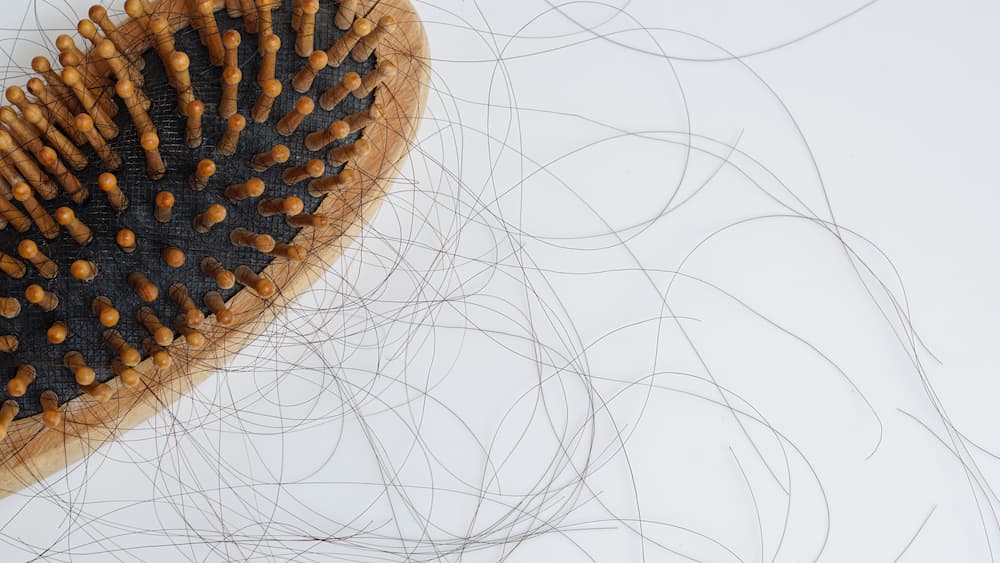 Close-up of a hairbrush with strands of shed hair, symbolizing hair loss and shedding possibly linked to weight loss or GLP-1 medications.