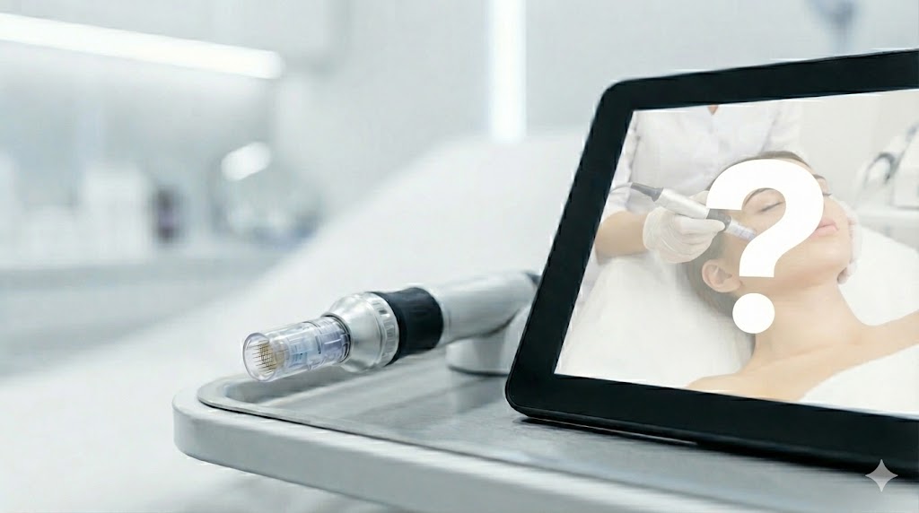 Tablet screen showing a woman receiving RF microneedling beside a microneedling handpiece, symbolizing questions about RF microneedling cost and treatment options.